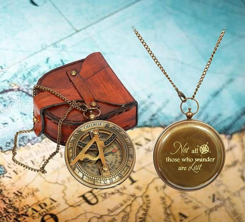 Antique Brass Engraved Sundial Compass w/ Leather case Adventurer Traveler Gift - 第 1/5 張圖片