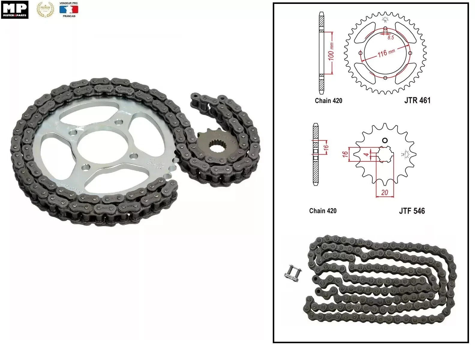 Kit chaine 420 renforcé pour éviter les déraillements sur Kawasaki KX 80