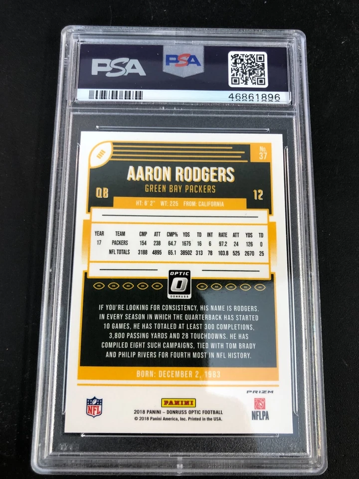 AARON RODGERS 2018 Panini Donruss Optic HOLO Silver Prizm #37 PSA 9 MINT Packers - Image 2 of 2