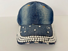 Womens Denim Rhinestone Bling Distressed Adjustable Baseball Cap Hat Brand New