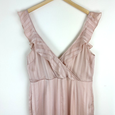 Show Me Your Mumu Women's XL Bianca Jumpsuit, Ruffle Neck, Pink Striped Chiffon