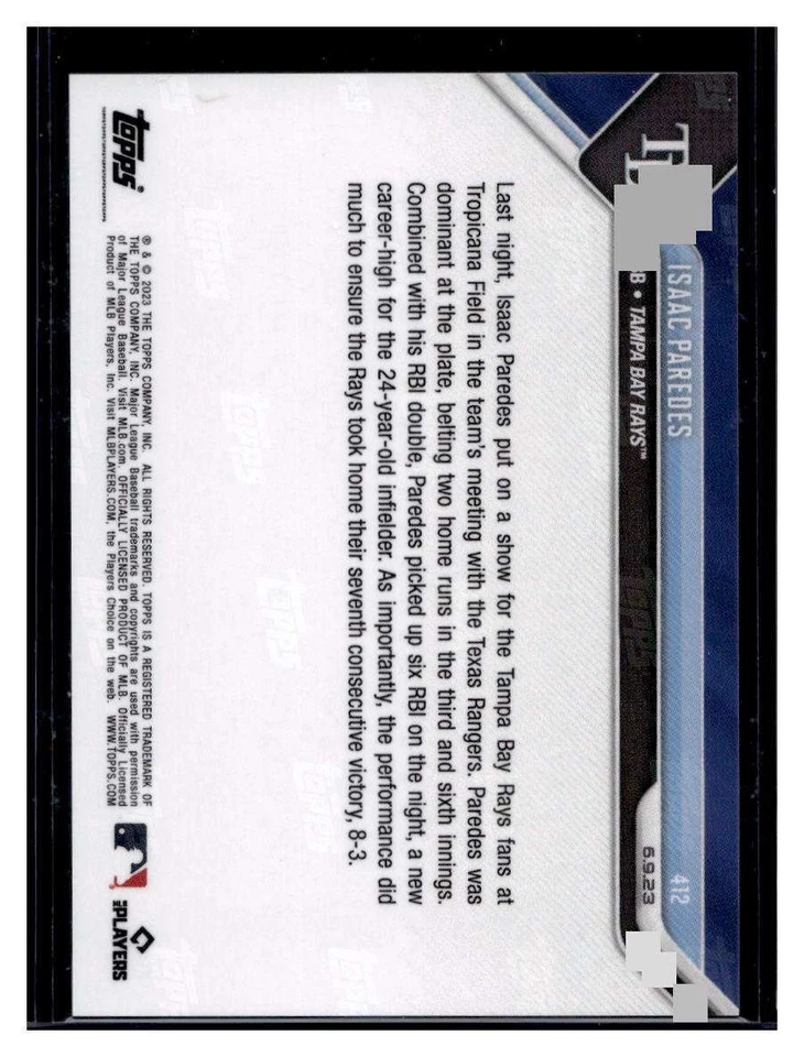 2023 Topps Now #412 Isaac Paredes Red Parallel Card #d 9/10 - Image 2 of 2