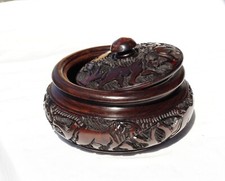 Animal Theme Ebony Hand Carved Storage Bowl with Lid. Dark brown African Decor