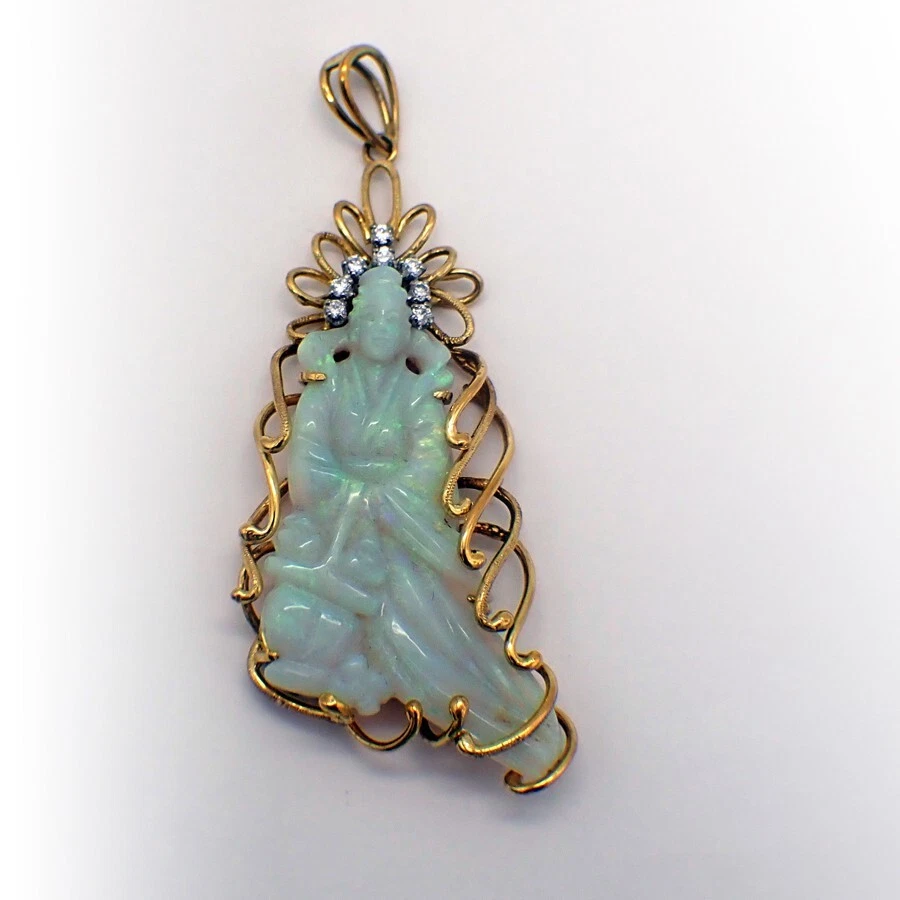 Guan Yin Carved Opal Pendant 18K Yellow Gold Diamonds