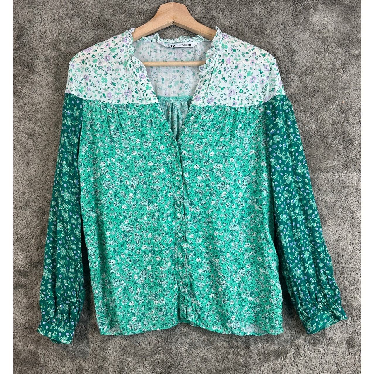 Zara Women's Green Floral Colorblock Print V-Neck Button Front Top Blouse M