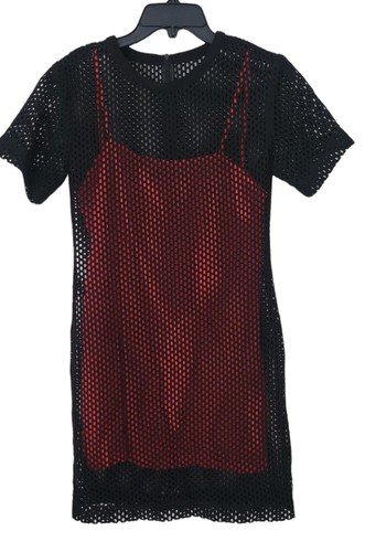 Sandro Paris Women's Black Mesh Dress With Red Slip Size 1 - Picture 2 of 7
