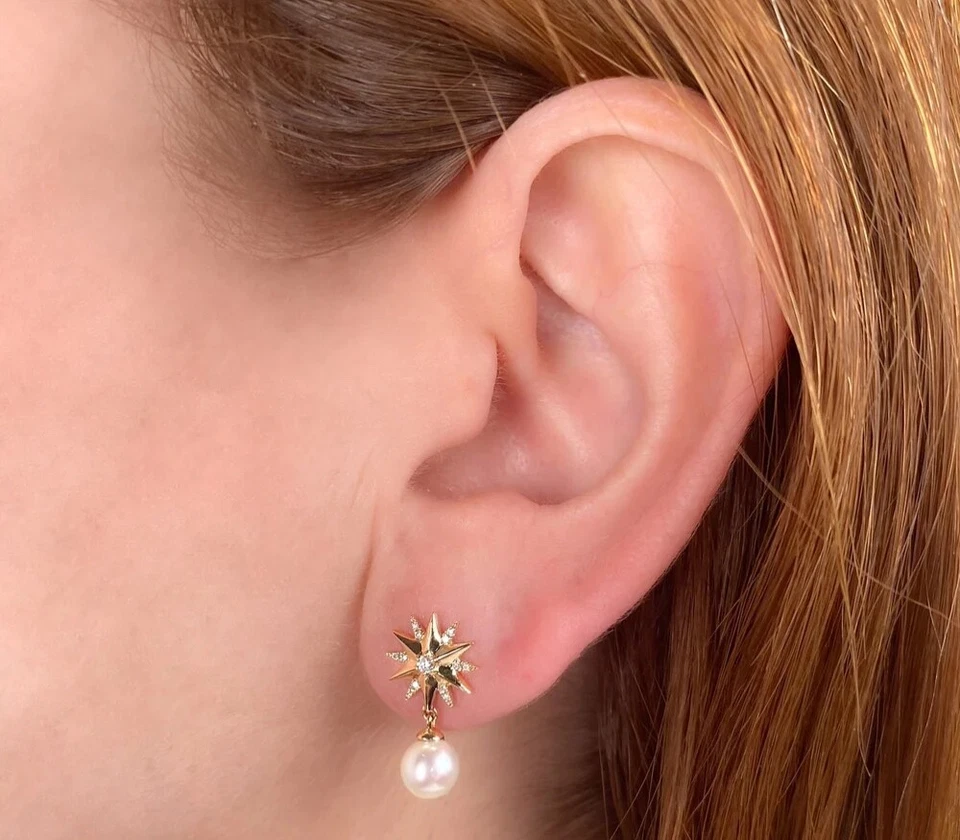 14K Yellow Gold Diamond Pearl Star Earrings Dangle Drops 0.11 CT Natural - Image 2 of 3