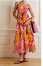 Farm Rio Floral Tiered Midi Dress NWT Size S Cotton Crochet Pink Orange