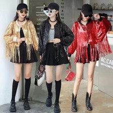 Women Sequin Jacket Coat Zip Costume Clubwear Disco Stage Zip Shiny Glitter