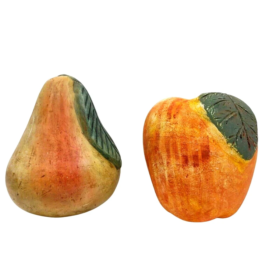 Par de frutas de cerámica con tiza hoja de manzana y pera estante decoración 6,5" granja Foto 3 de 4