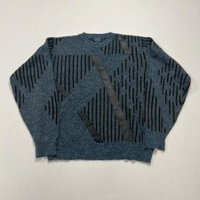 Vintage Knitted Jumper Abstract Patterned Grandad Knit Sweater With Leather