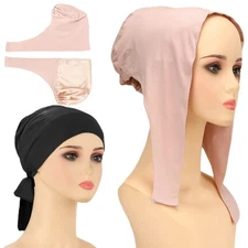 Muslim Women Hijab Inner Lace Up Hat Satin Lined Beanies Under Scarf Headwraps C