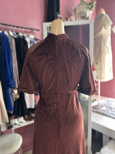 Vintage 70s Velvet Midi Maxi Dress Brown Boho Hippy Minimalist Hostess M/L - Picture 7 of 8
