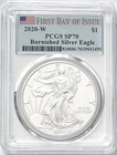 2020 W BURNISHED SILVER EAGLE W MINT MARK FIRST DAY OF ISSUE PCGS SP70/MS70 FLAG