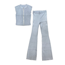 Alo Yoga Top Pants Set Women S Small Breeze Denim Zip Knit Sleeveless Flare 2 PC