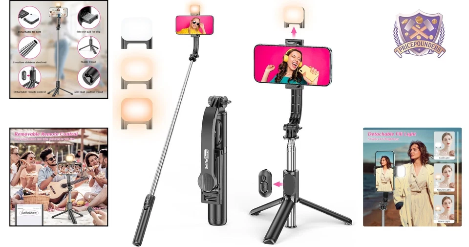 Trípode palo selfie de aluminio extensible con luz de relleno soporte remoto para teléfono Foto 2 de 4