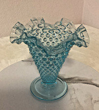 Vintage Fenton Hobnail Trumpet Aqua Turquoise Blue Glass Vase Ruffled Edge Crest