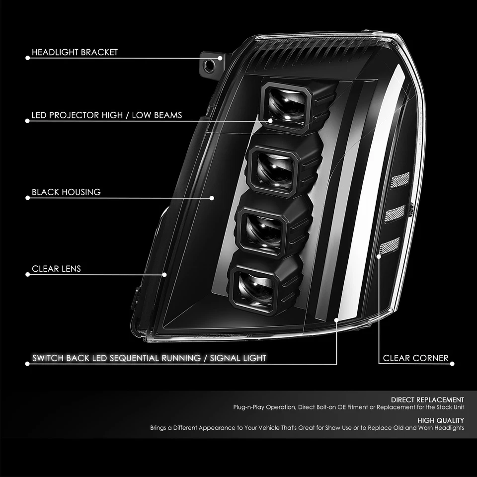 [Switchback LED DRL] Para 07-14 Escalade ESV EXT Quad Proyector Faros Negro Foto 2 de 4