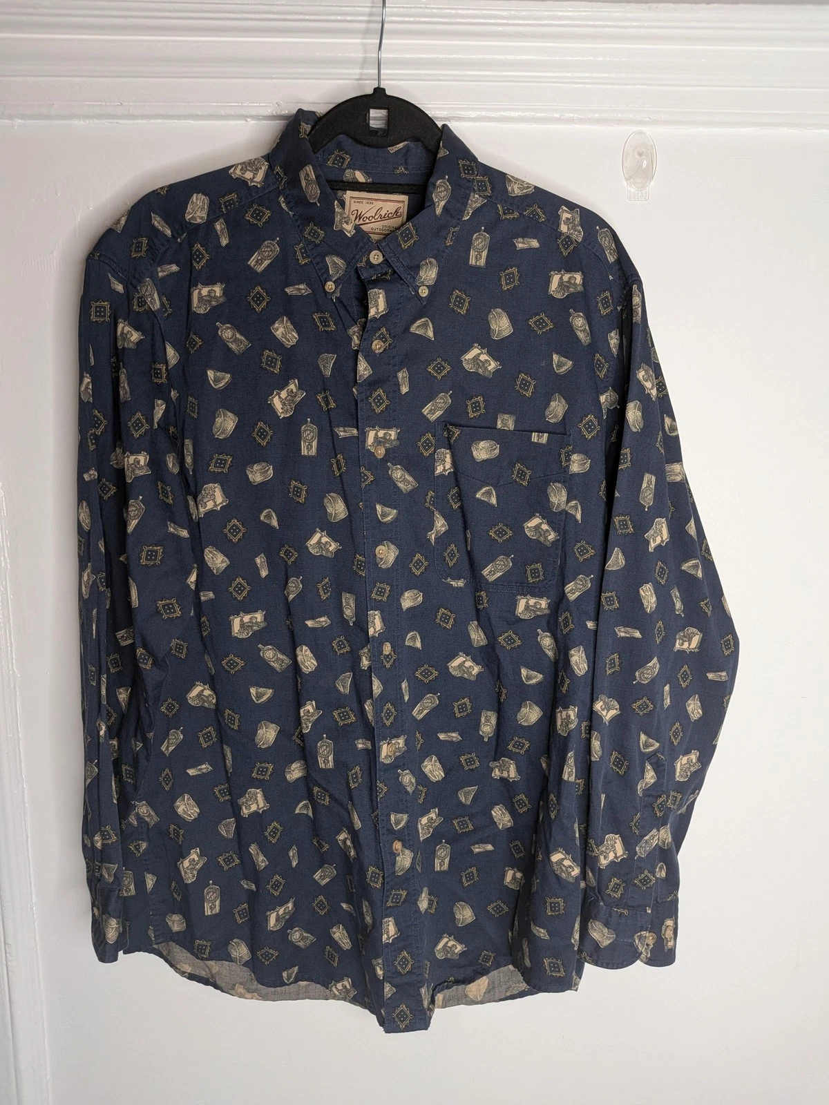 Woolrich Shirt Mens Large Blue Outdoor Graphic Print Button Front Long Sleeve