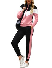 Women Full Zip SweatSuits - 2 Pieces Traksuit Color Block Full Zip Jogger Set...