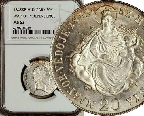 NGC MS-62 HUNGARY SILVER 20 KRAJCZAR 1848 (WAR OF INDEPENDENCE)