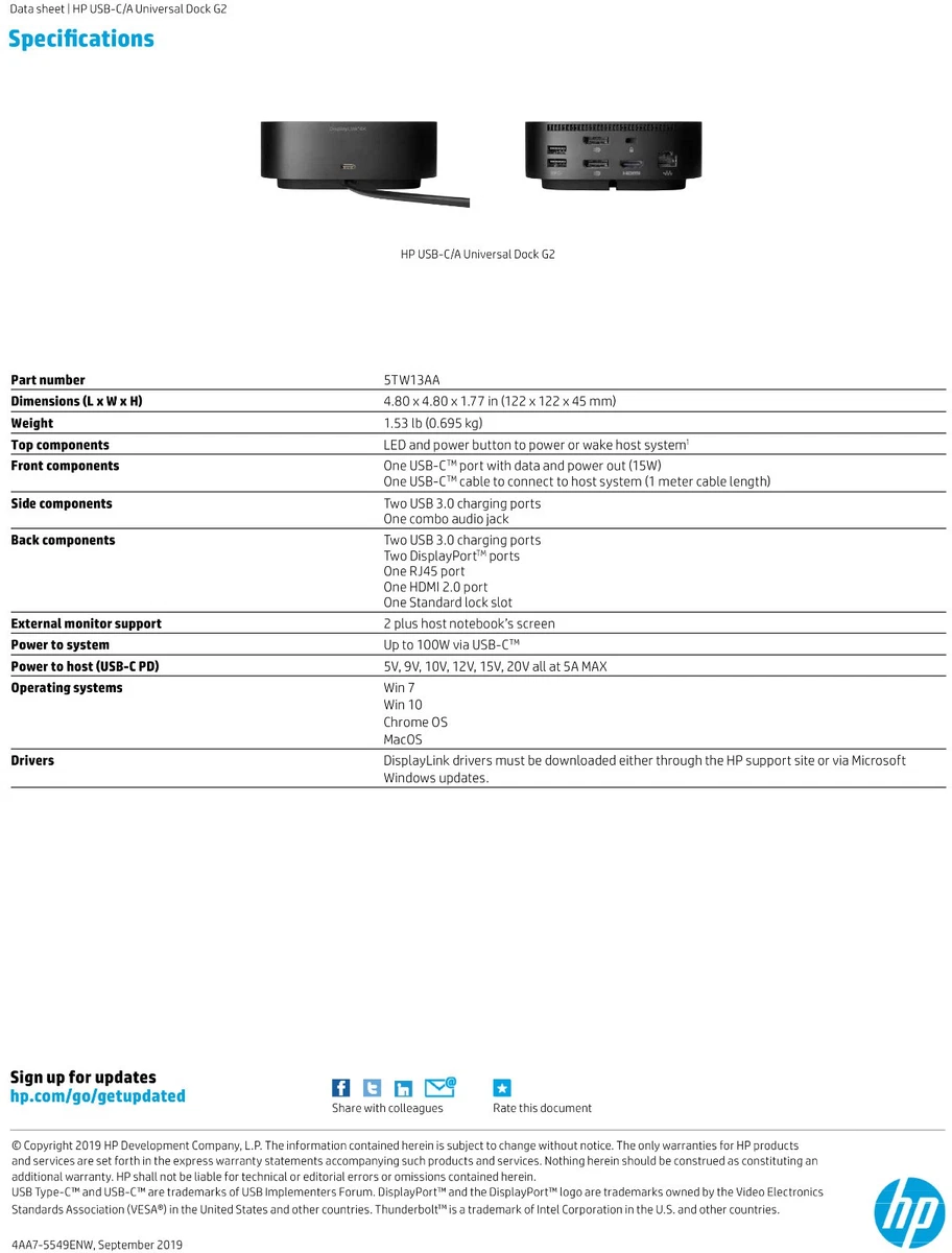 HP USB-C/A Universal Dock G2 100W Docking Station for Laptop Notebook 5TW13AA