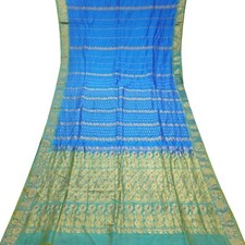 Vintage Blue Sarees 100 Pure Silk Zari Handwoven Brocade Sari 5YD Craft Fabric