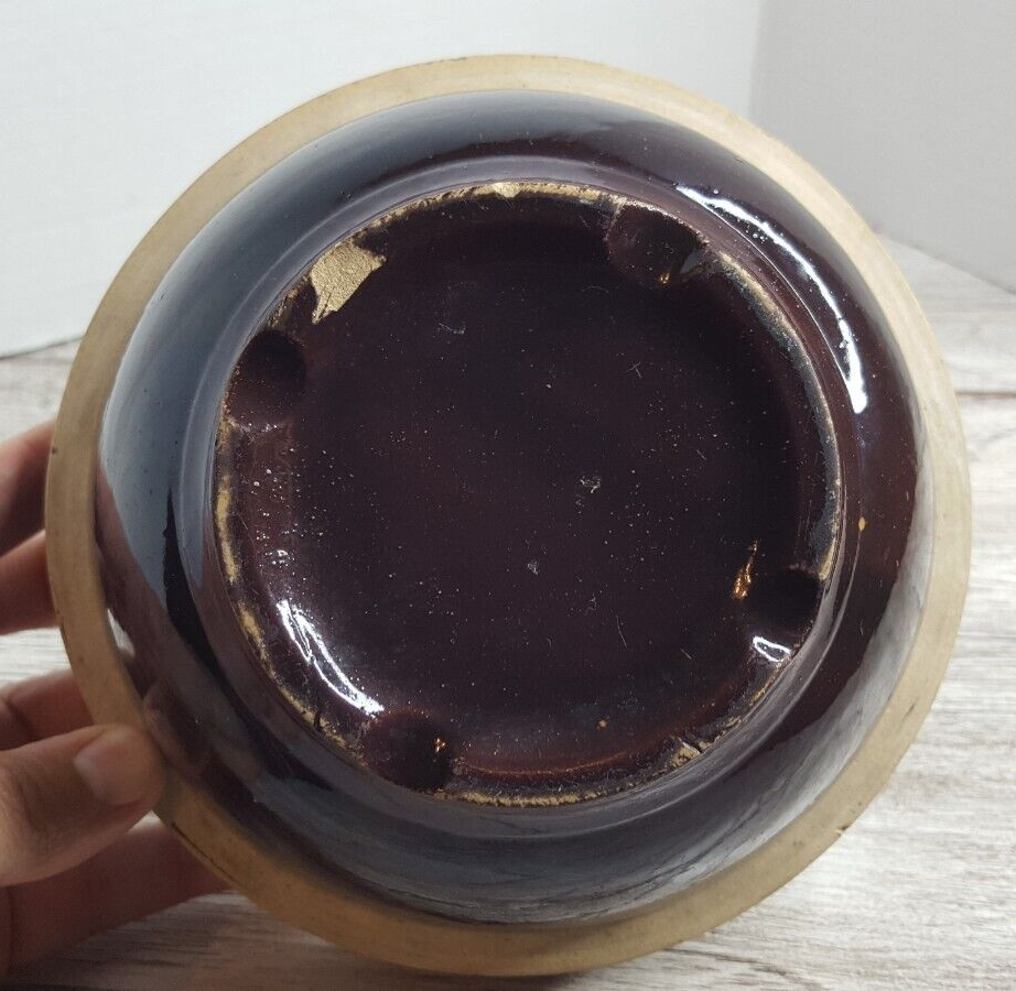 Stoneware Mixing Serving Bowl Brown Glaze Raised Bottom Crock Antique