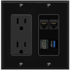 2 CAT6 HD USB-3 Port Wall Plate Black w Power Outlet
