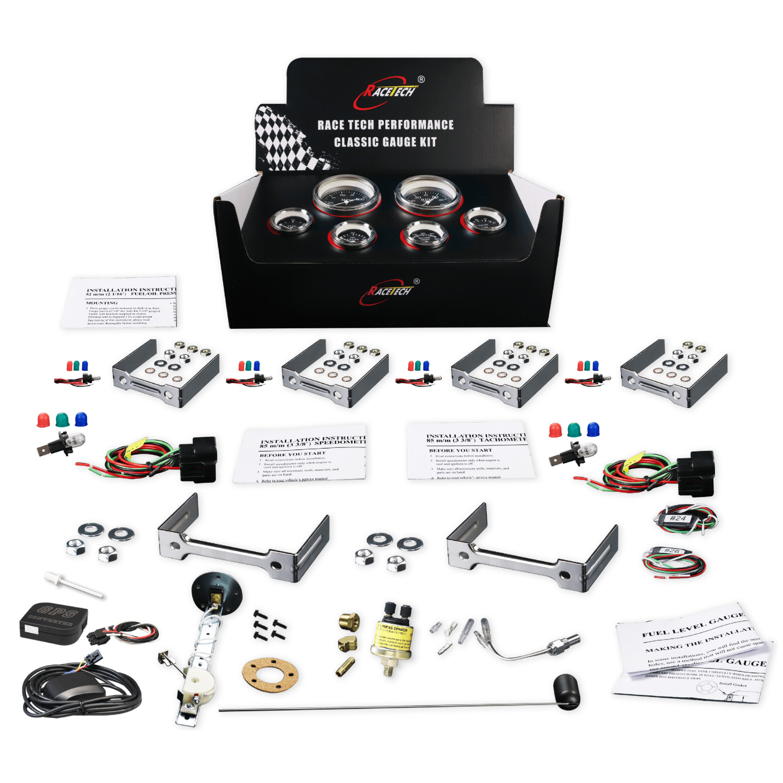 RACETECH Vintage Electrical GPS 6 Gauge Set Black Dial 4 Color 0-90 Ohm Classic