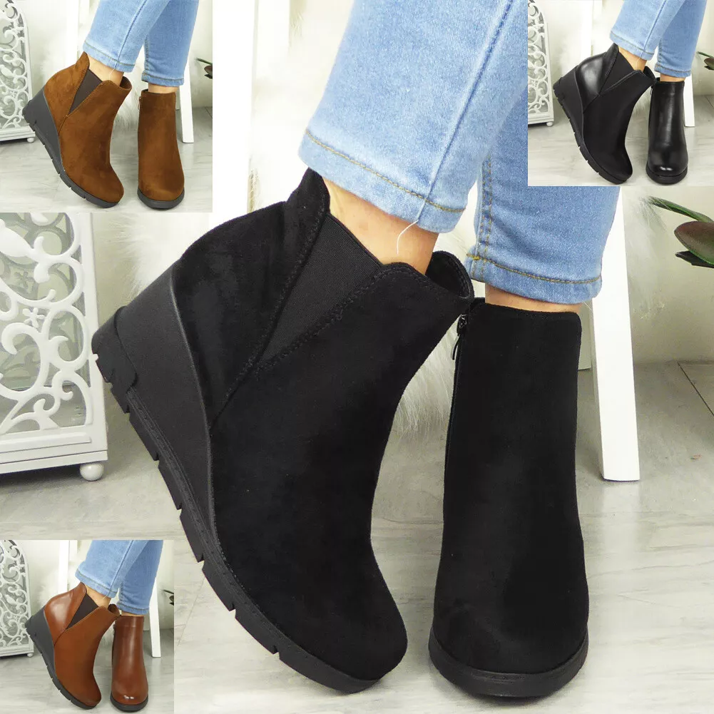 Ankle Wedge Boots Shoes Chelsea Ladies Heels Womens Warm Faux Fur Lined Zip  Size