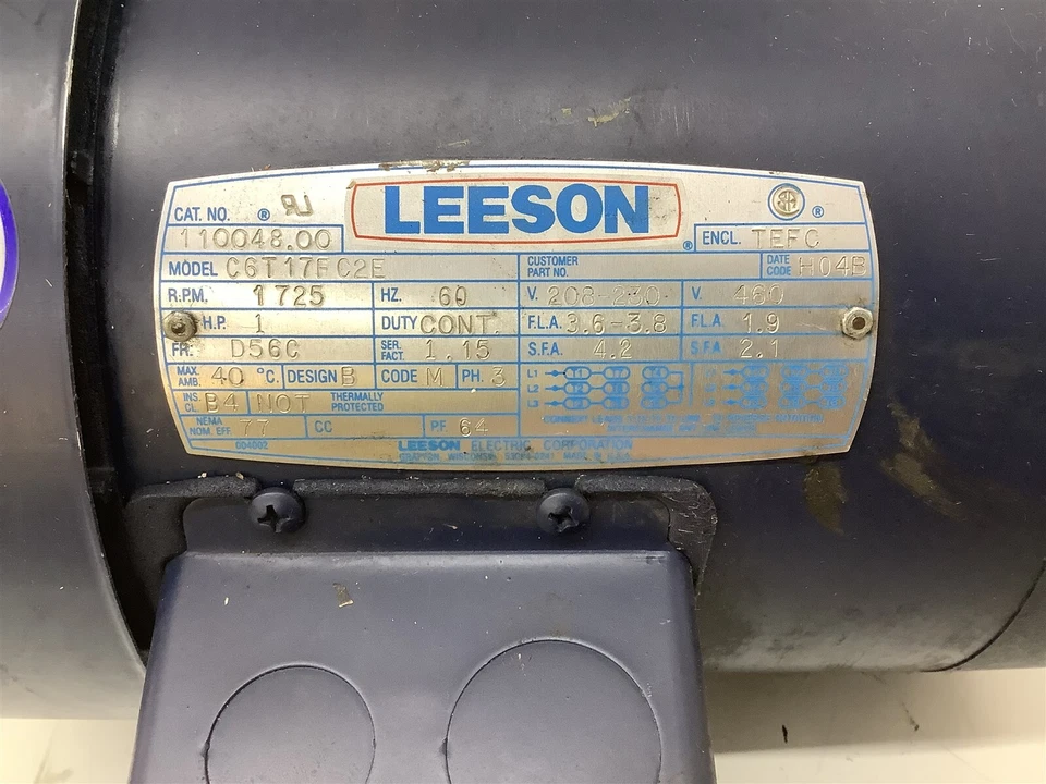 Leeson C6T17FC2E Motor 1HP 208-230V 1725RPM D56CFR 3PH 60HZ TEFC - Image 2 of 4