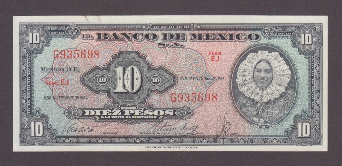 MEXICO P.58b-5698  10 PESOS 8.9.1954 SERIE EJ  UNC  WE COMBINE         2501