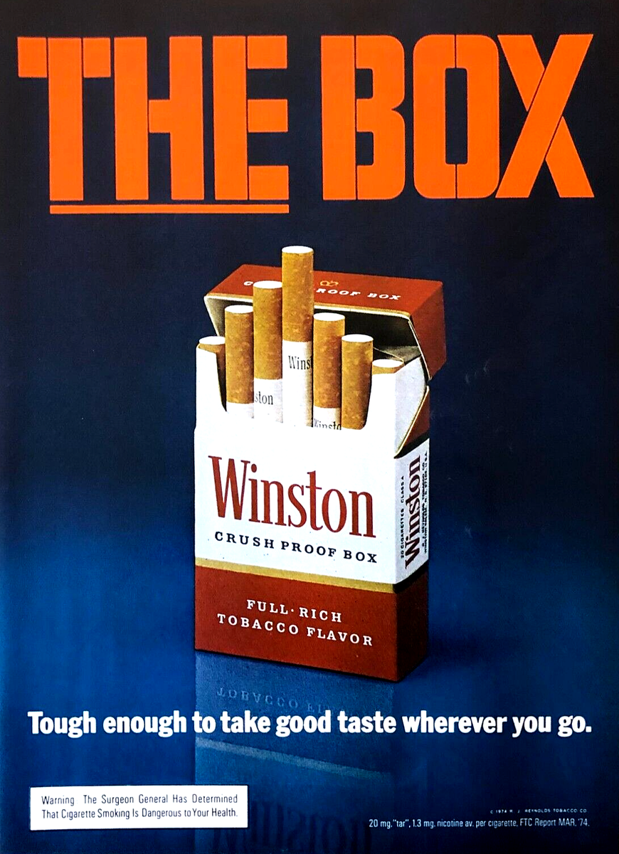 winston cigarettes WINSTON CIGARETTES IN CRUSH-PROOF BOX—VINTAGE 1974 MAGAZINE ADVERTISEMENT AD