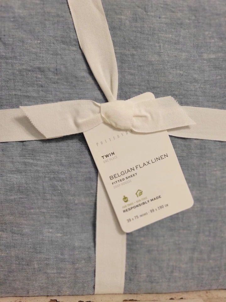 Sábana bajera Pottery Barn belga lino lino doble azul cambray Foto 2 de 3