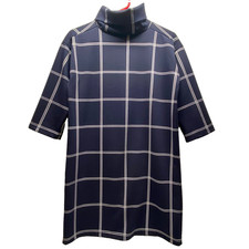 LOFT Ann Taylor Shift Dress Women's Small Navy White Grid Turtleneck Midi EUC