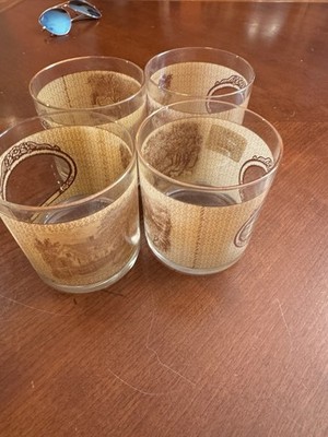4 Courier & Ives Rocks Glasses Tumblers Homestead Seasons Gold Rims Old Home