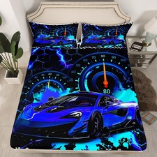 Kids Blue Race Car Bedding Set Full Size, Speed Sports Car Bed Sheet Set Boys...