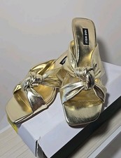 Nine West Dipa3 Gold Slip On Squared Open Toe Kitten Heel Sz 6.5M