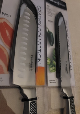 2- BRAND New Cuisinart 5'' Stainless Steel Santoku & Serrated Utility Knives