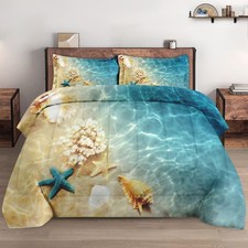 Twin Size Comforter Set with Pillowcase, Summer Marine Seashell Starfish Beac...
