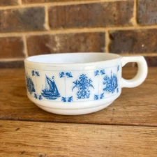 Vintage Hazel Atlas Hazel Ware Milk Glass Handle Soup Bowl Delft Blue Print