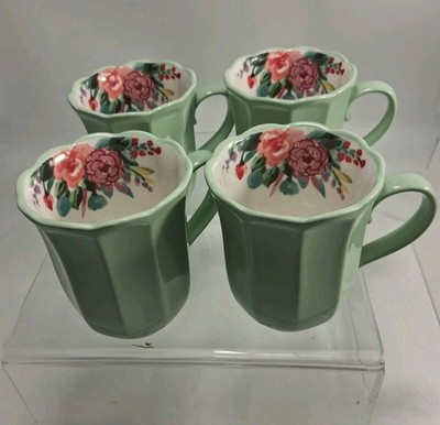 The Pioneer Woman (4)Painted Meadow 15-Ounce Teal Ceramic Mugs New