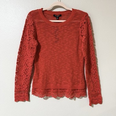 NWT Sharagano Women s Red Lace Sleeve And Hem Blouse Sweater Sz S/C