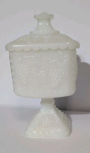 Vintage Milk Glass Pedestal Candy Dish With Lid, White Grape Pattern