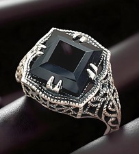 VINTAGE STYLE 925 SOLID STERLING SILVER BLACK AGATE FILIGREE RING 1361
