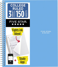 Five Star Spiral Notebook  Study App, 3 Subject, College Ruled Paper, 8.5" X