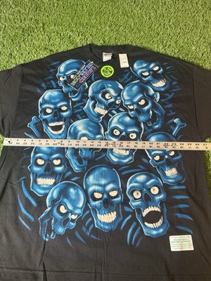 Vintage Liquid Blue Shirt Mens 3XL Black Glow In Dark Blue Skulls