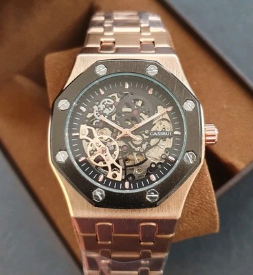 Men Automatic Watch Mechanical Skeleton Rose Gold Stainless Steel Bracelet  