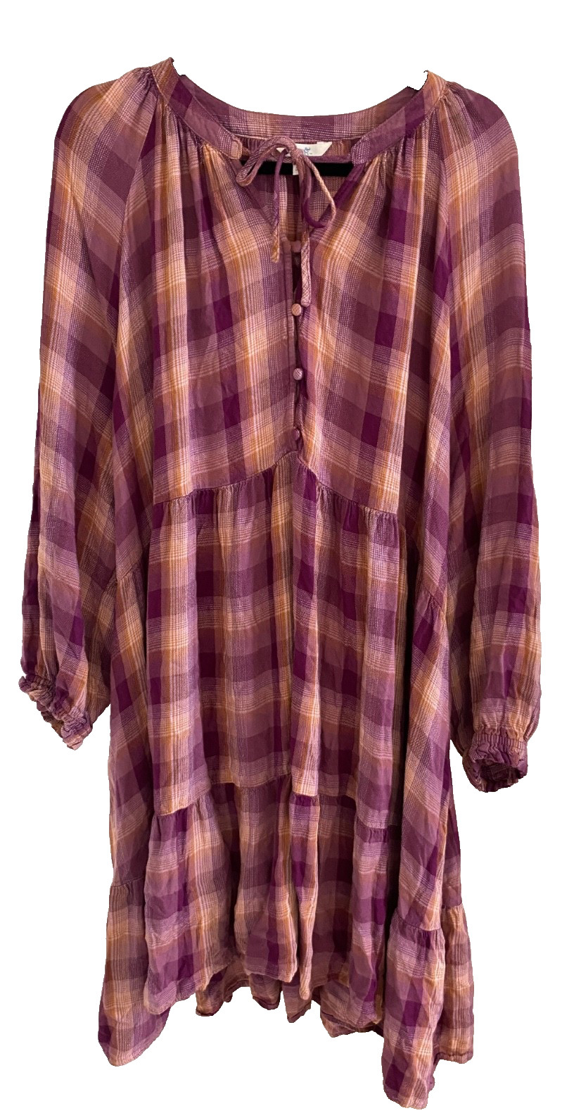 Purple Orange Plaid Tiered Tunic Women's Dress 3X Long Sleeve Terra&Sky Peasant